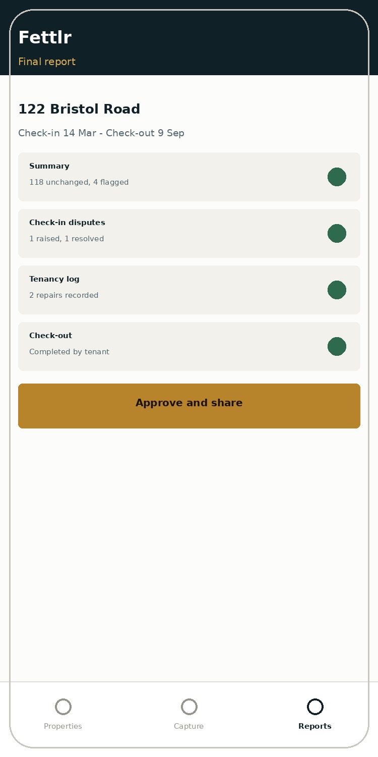 Fettlr final report screen showing a summary ready to approve and share