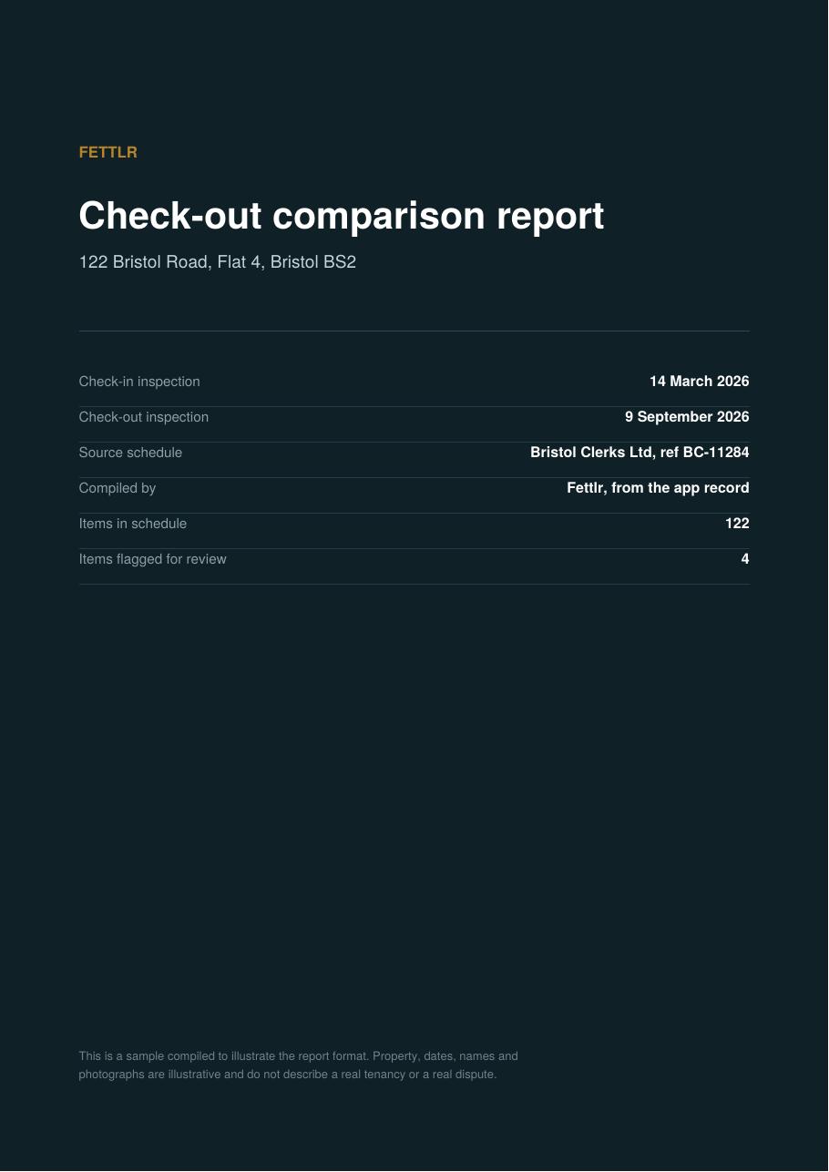 Cover page of the sample Fettlr report, showing property address and inspection dates