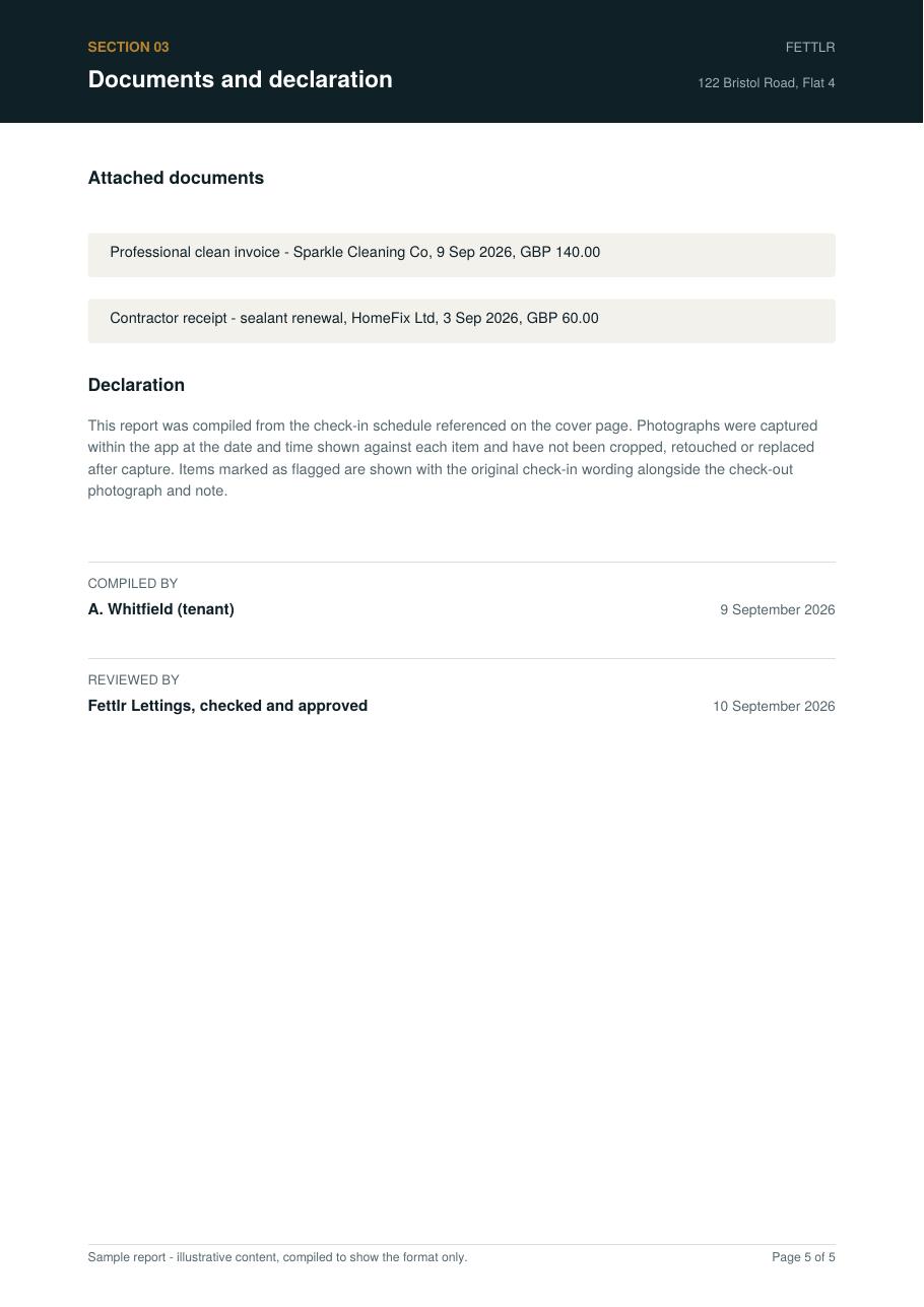 Documents and declaration page of the sample Fettlr report